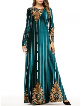 Velvet Printed Striped Long Sleeve Islam Muslim Long Dress