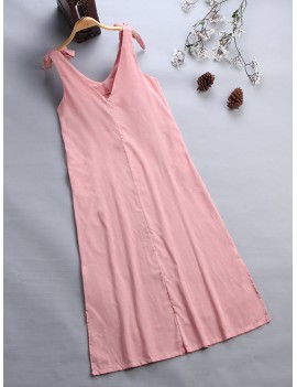 Bowknots V Neck Solid Color Straps Maxi Dress