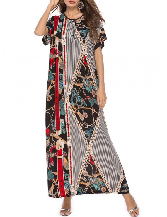 Vintage Asymmetric Print Batwing Sleeve Overhead Maxi Dress