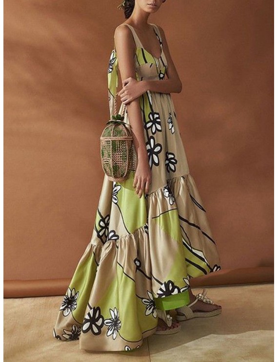 Bohemian Floral Print Contrast Color Maxi Dress For Women