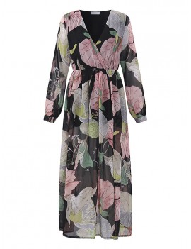 Bohemian Floral Print Splited Long Sleeve V-neck Women Maxi Dresses