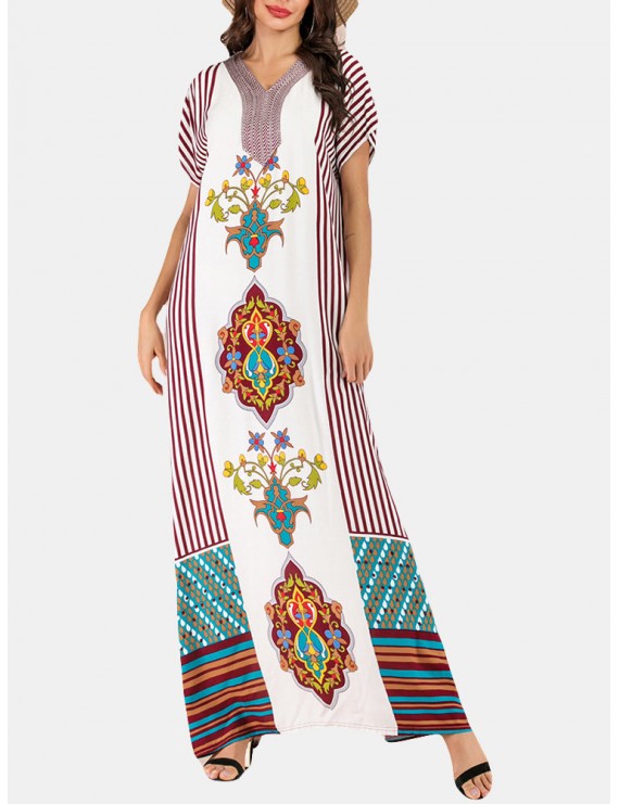 Bohemian Print V-neck Patch Short Sleeve Maxi Dress