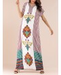 Bohemian Print V-neck Patch Short Sleeve Maxi Dress