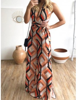 Sexy Geometric Lace-up Sleeveless Maxi Dress