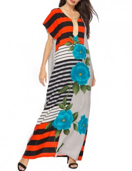 Vintage Bohemian Print Short Sleeve V-neck Maxi Dress