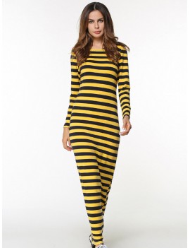 Women Casual Long Sleeve Stripe O-Neck Long Maxi Dresses