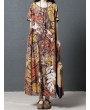 Leaves Print Multi-color Short Sleeve Vintage Maxi Dresses