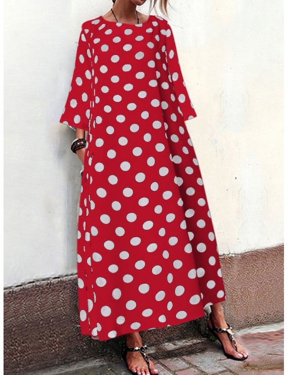 Polka Dots Print Short Sleeve Pockets Maxi Dress