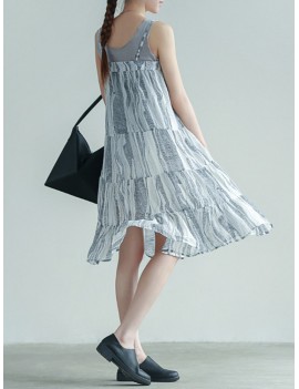 Stripe Patchwork Spaghetti Strap Vintage Mid-calf Dresses