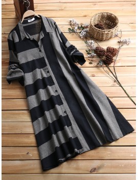 Patchwork Stripe Long Sleeve Lapel Vintage Shirt Dresses