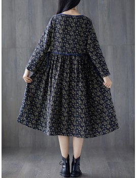 Tie Waist Floral Print Loose Long Sleeve Vintage Dresses