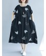 Loose Cat Print Short Sleeve O-neck Vintage Mid-long Dresses