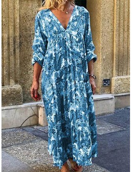 Ethnic Floral Print 3/4 Sleeve Maxi Dress For Women