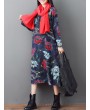 Loose O-neck Floral Print Long Sleeve Vintage Mid-long Dress