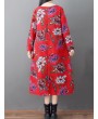 Loose O-neck Floral Print Long Sleeve Vintage Mid-long Dress