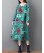 Loose O-neck Floral Print Long Sleeve Vintage Mid-long Dress