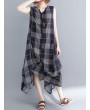 Sleeveless Plaid Print Irregular O-neck Vintage Dresses