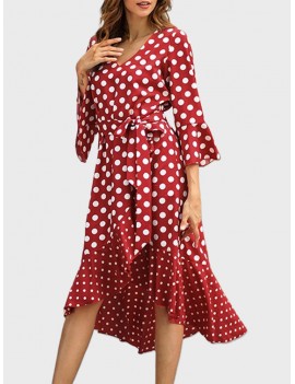 Irregular Polka Dot Tie Waist Long Sleeve Dress