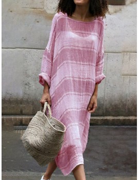 Contrast Color Stripe Loose Long Sleeve Casual Maxi Dress