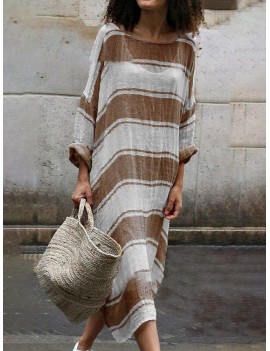 Contrast Color Stripe Loose Long Sleeve Casual Maxi Dress