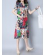 Vintage Random Print Short Sleeve V-neck Dress For Women