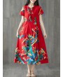 Frog Button Print Short Sleeve O-neck Vintage Dresses