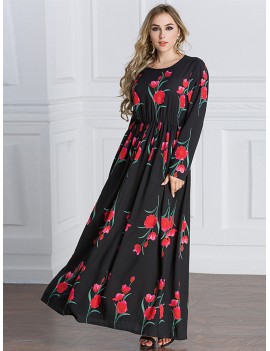 Bohemian Floral Print Long Sleeve O-neck Women Maxi Dresses