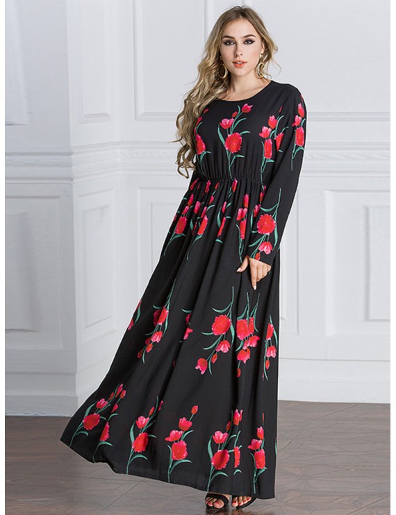 Bohemian Floral Print Long Sleeve O-neck Women Maxi Dresses