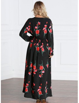 Bohemian Floral Print Long Sleeve O-neck Women Maxi Dresses