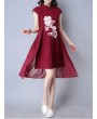 Vintage Floral Print Irregular Frog Button Stand Collar Dress For Women