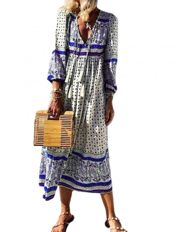 Bohemian Long Sleeve V-neck Pullover Print Long Dress