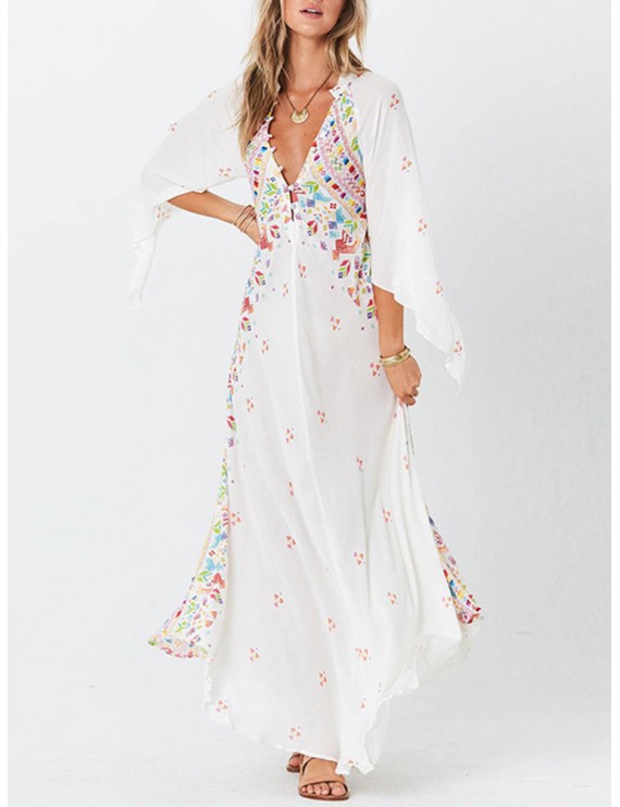 Bohemian Print Deep V Neck Maxi Dress