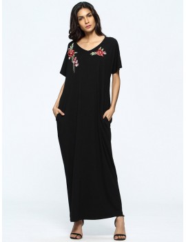 Floral Embroidered Loose Short Sleeve V-neck Maxi Dress For Women