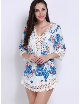 Women Boho V-neck Floral Print Hollow Lace Dress