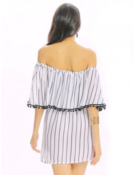 Women Sexy Off-shoulder Stripe Backless Loose Half Sleeve Mini Dress