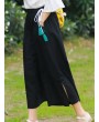 Side Splited Solid Color Tassels Elastic Waist Vintage Pants