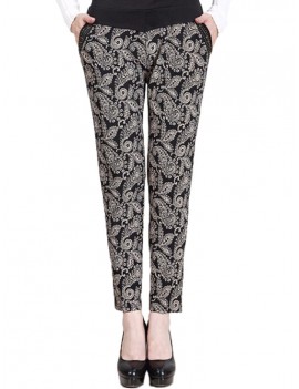 Ethnic Print Patchwork Elastic High Waist Women Pants