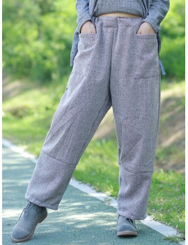 Casual Loose Solid Grey Big Pockets Women Wide Leg Pants