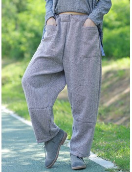 Casual Loose Solid Grey Big Pockets Women Wide Leg Pants