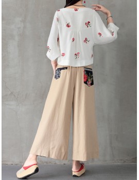 Folk Style Floral Print Patchwork Splited High Waist Women Pants