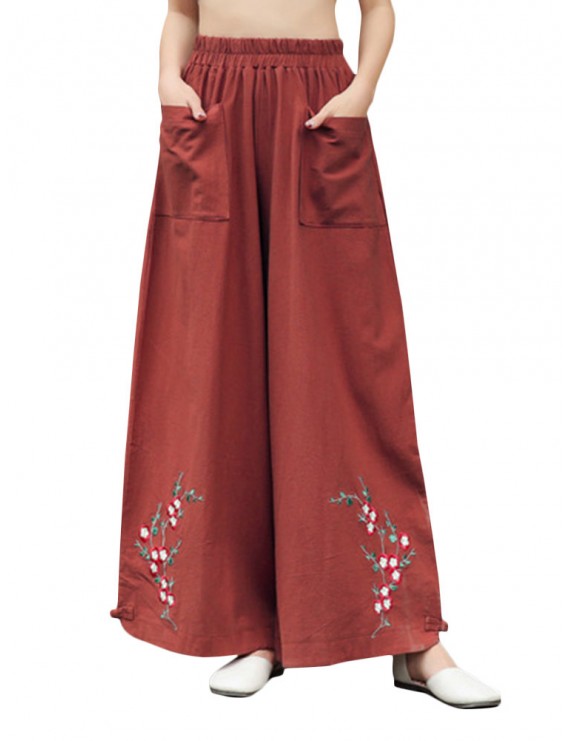 Vintage Ethnic Style Solid Color Embroidered Wide-leg Pants