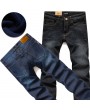 Mens Plus Size Winter Thicken Fleece Washed Mid Waist Straight Cotton Jeans