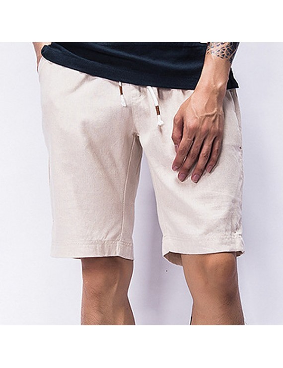 Mens Summer Cotton Linen Elastic Waist Drawstring Solid Color Knee Length Casual Beach Shorts