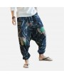 Mens Casual Cotton Linen Loose Pants Chinese Style Smock Waist Solid Wide Legs Trousers