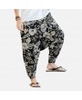 Mens Casual Cotton Linen Loose Pants Chinese Style Smock Waist Solid Wide Legs Trousers