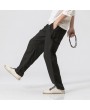 Mens Cotton Linen Breathable Loose Pants Zip Fly Elastic Waist Solid Color Casual Pants