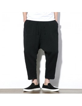 Mens Chinese Style Linen Harem Pants Elastic Waist Solid Color Loose Casual Pants