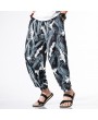 Mens National Style Crane Printing Loose Drawstring Casual Harem Pants