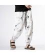 Mens National Style Crane Printing Loose Drawstring Casual Harem Pants