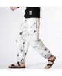 Mens National Style Crane Printing Loose Drawstring Casual Harem Pants